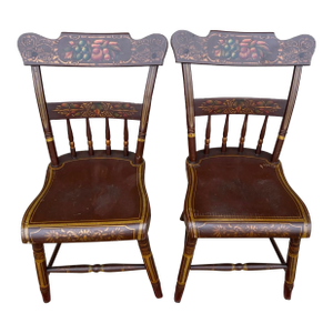 Pair of Antique Folk Art Paint Decorated Kitchen Windsor Chairs, 1850’s