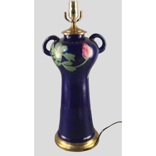 Satsuma Early 20th Century Satsuma Royal Blue Hand Painted Romantic Roses Gilded Table Lamp Vase For Sale - Image 4 of 12