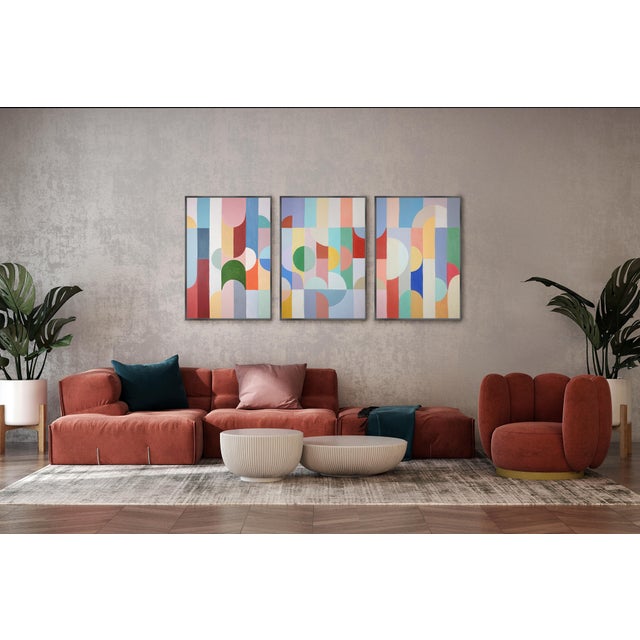 2026, Bauhaus Geometric Triptych Painting in Vivid Pastel Tones, Chromatic Deco Radiance, Acrylic Paint on Watercolor Paper For Sale - Image 11 of 11