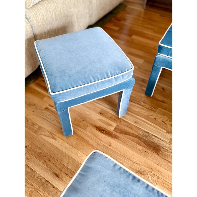 Baby Blue Mid 20th Century Reupholstered Vintage Parsons Style Ottomans - A Pair For Sale - Image 8 of 11