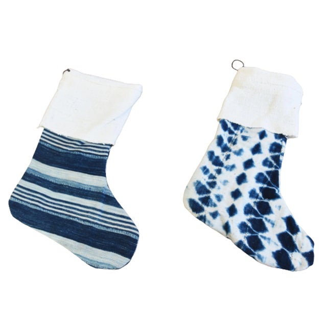 Blue & White One-Of-A-Kind African Textile Christmas Stockings, S/2 For Sale - Image 4 of 9