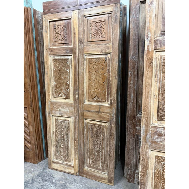 Brown Hand Carved Wood Double Doors – Vintage Pantry & Closet Door 80x34 For Sale - Image 8 of 9