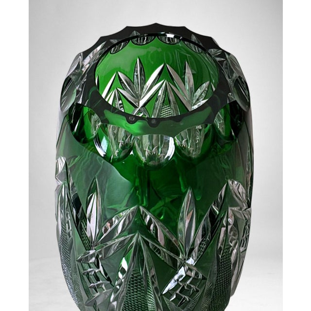 Bohemian Biedermeier Style Cut and Polished Green Crystal Vase For Sale - Image 6 of 18