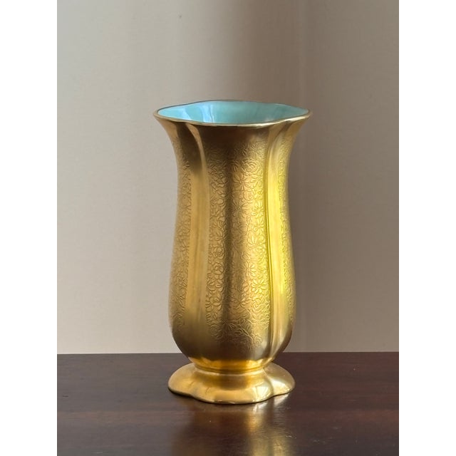 Mid-20th Century Pickard China Gold Encrusted Floral Vase W/ Turquoise Interior For Sale - Image 13 of 13
