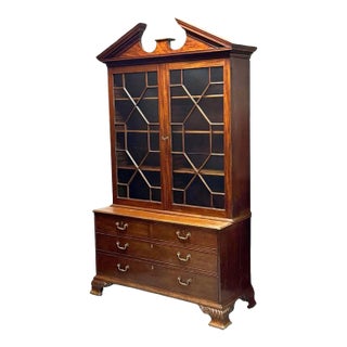 Large English Breakfont Bookcase of Mahogany With Astragal Glass Doors For Sale