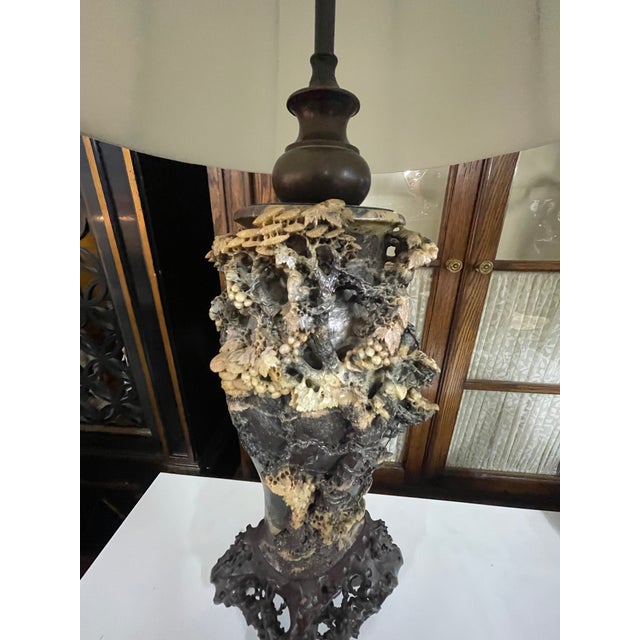 Antique Chinese Elaborately Carved Natural Hard-Stone Table Lamps—A Pair For Sale - Image 10 of 18