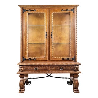 20th Century Neo-Renaissance Style Carved Oak Display Cabinet For Sale