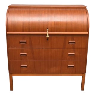 1960s Danish Style Teak Mid Century Roll Top Cylinder Desk For Sale