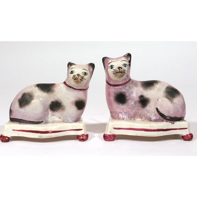 English Staffordshire Pottery Cats on Cushions, Pair of Lilac Recumbent Figures Circa 1820–1840 For Sale - Image 3 of 8