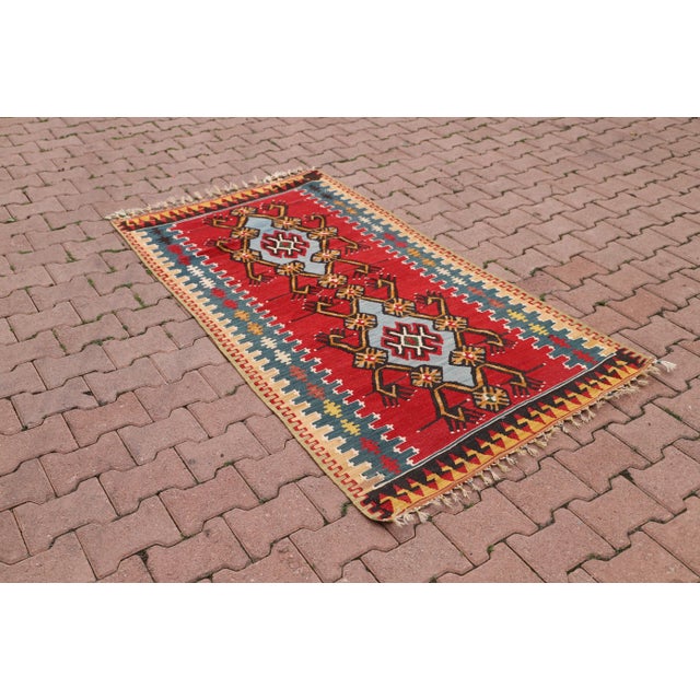 Traditional 1980s Ethnic Turkish Hand-Knotted Abstract Pattern Kilim For Sale - Image 3 of 10