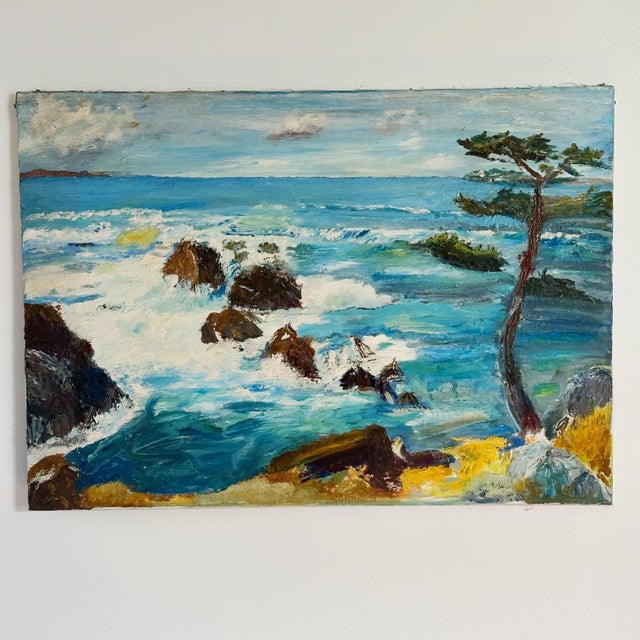 Blue Mid-Century Oil Painting Depicting California Coast and Waves by Olive Van Bergen For Sale - Image 8 of 8