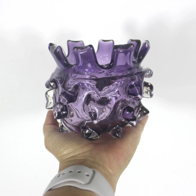 Vintage Brutalist Art Glass Vase Bowl Modernist Hand Blown Purple Amethyst For Sale - Image 9 of 9