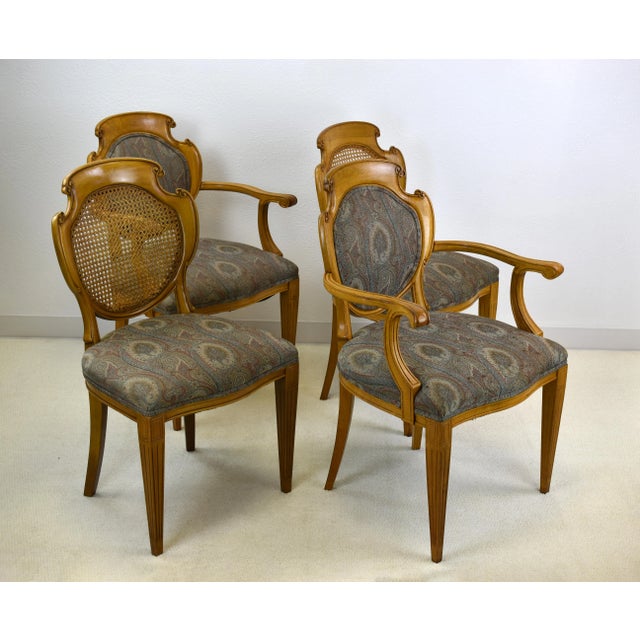 1950s 1950s Vintage Louis XVI Style Country French Provincial Solid Oak Cane & Upholstery Back Fluted Legs Chairs - Set of 4 For Sale - Image 5 of 12