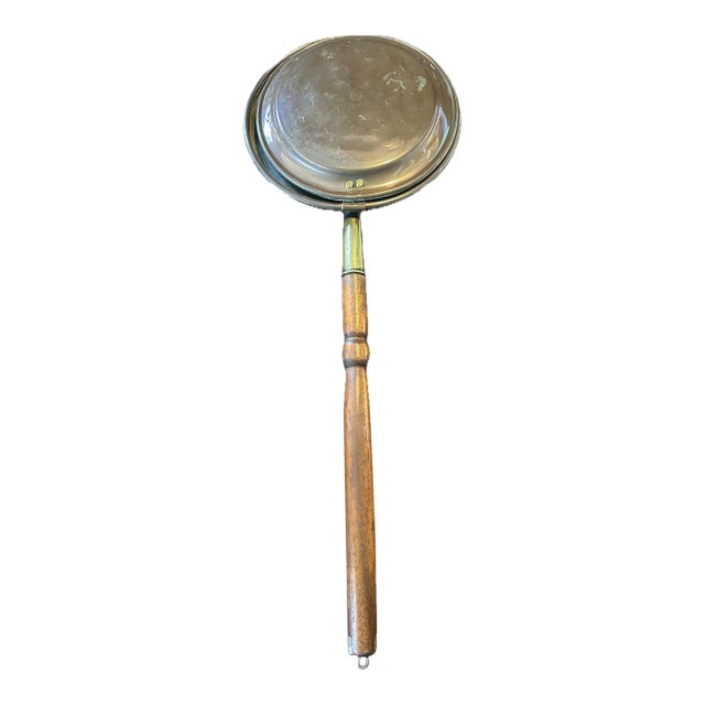 Antique 19th Century Copper & Brass Bed Warmer With Turned Wood Handle For Sale