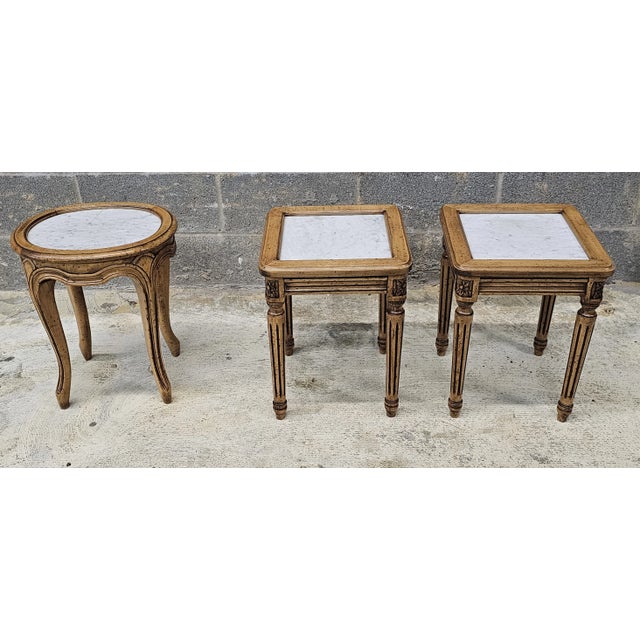 Wood Pair Mid Century French Style Fruitwood & Marble Top Candle Stands Side Tables For Sale - Image 7 of 9