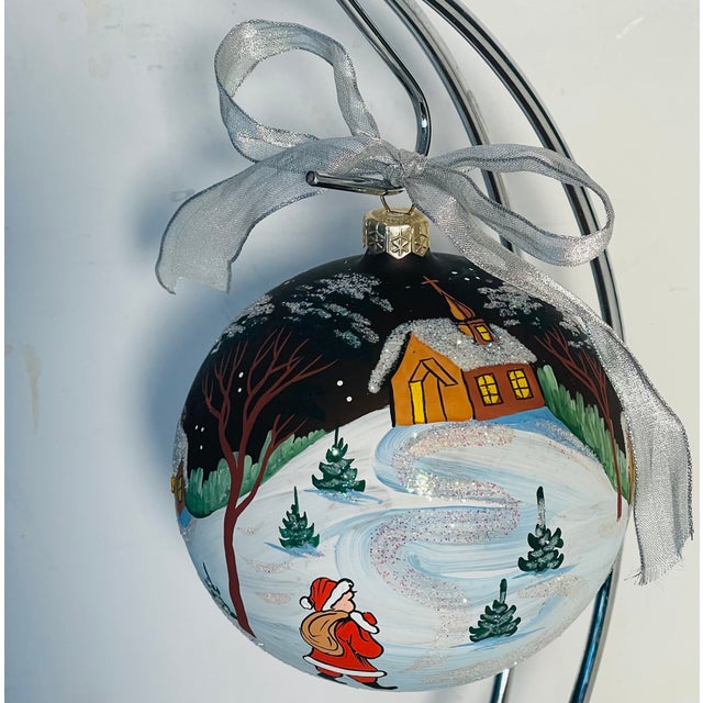 Vintage Jumbo European handpainted Christmas ornament with winter scene on a bronze background..