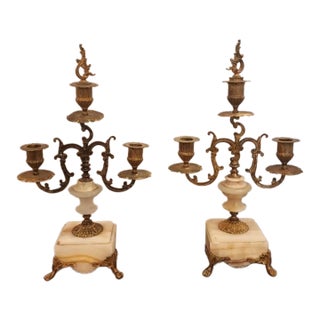 Pair of Early 20th Century Gilt Bronze Candelabra With Marble Base For Sale