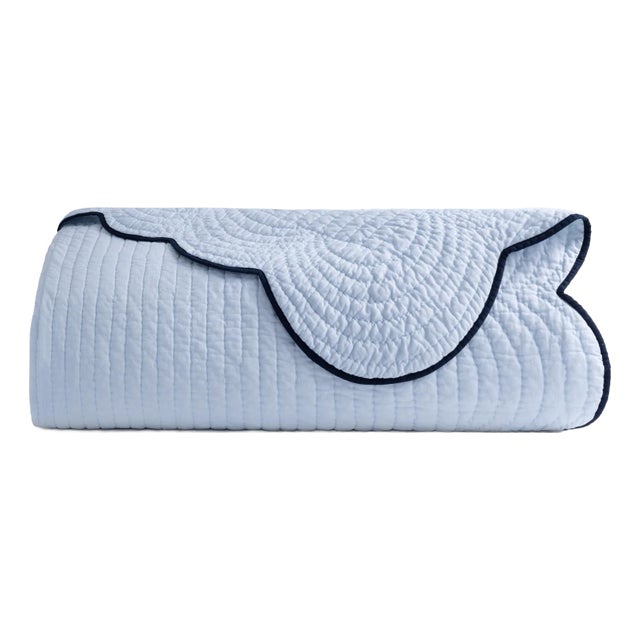 Kassatex x Chairish Quilted Scallop King Coverlet, Blue/Navy For Sale