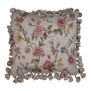 Mid 20th Century Seagull Chinese Carpets Wool Floral Embroidered Tassel Lumbar Throw Pillow