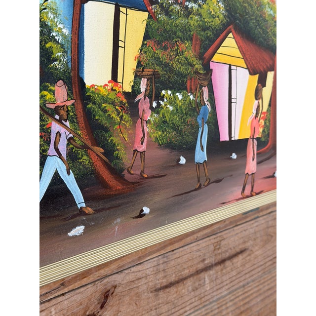Terra Cotta Vintage Large Haitian Naïve Art Coastal Village Landscape Painting by Jacky Salomon For Sale - Image 8 of 12