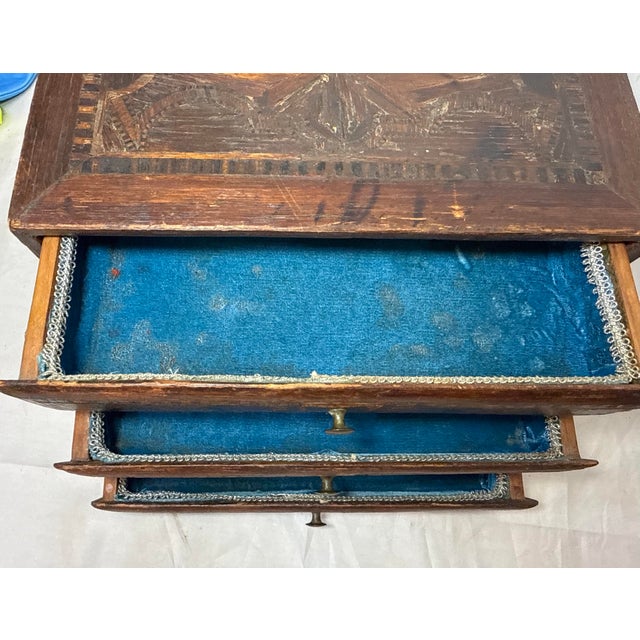 Antique 19th Century Handmade Wood Veneer Marquetry Jewelry Box Dresser Chest For Sale - Image 9 of 14