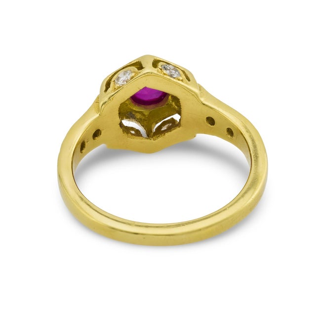 Metal Vintage Ruby Diamond 18k Yellow Gold Ring, Size 4.5 For Sale - Image 7 of 7