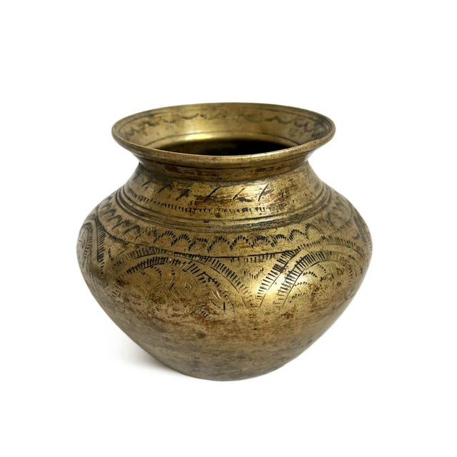 Original old antique brass ritual pot from India. Beautiful authentic aged patina.