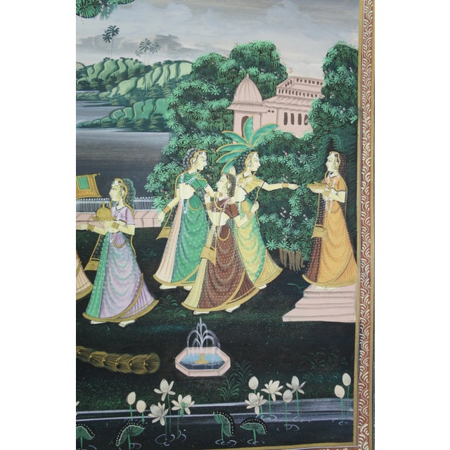 Monumental Indian Pichhwai Radha Krishna Gopis Painting Silk Garden Peacock 68" For Sale - Image 12 of 13