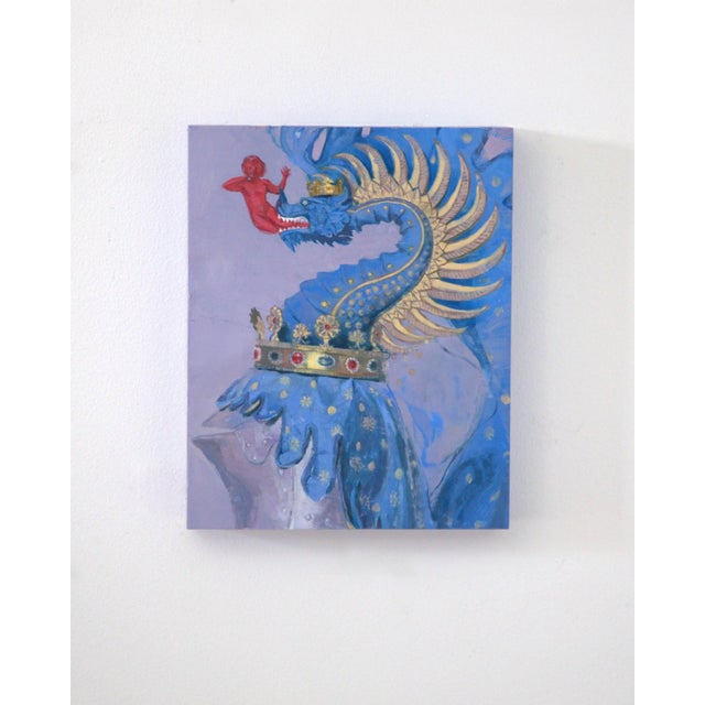 In "Protector of The House," a vibrant blue dragon with intricate golden details dominates the composition, its fierce...