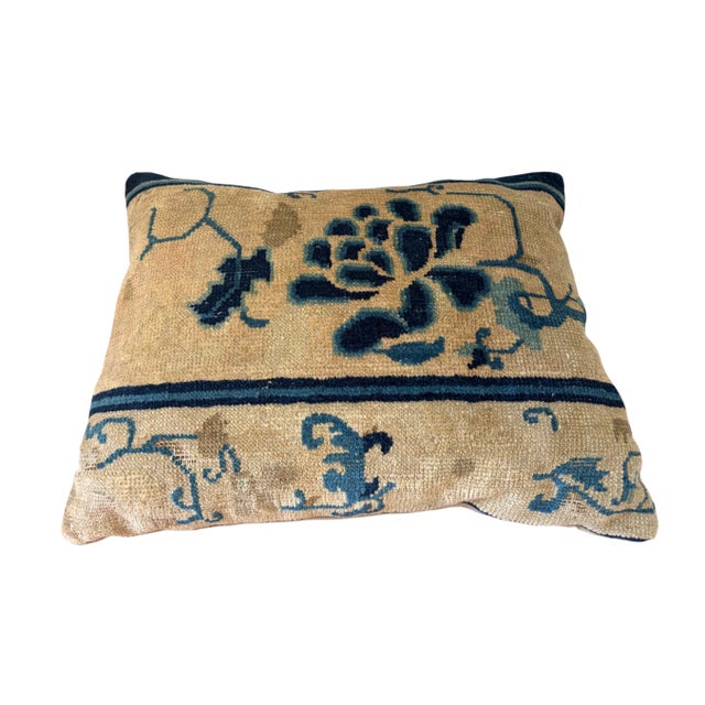 This Custom made decorative throw lumbar pillow is handcrafted from an antique Chinese rug fragment, featuring vintage...