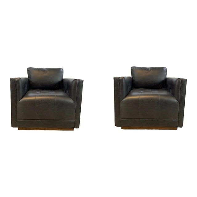 Modern Square Back Black Leather Swivel Chairs Pair For Sale