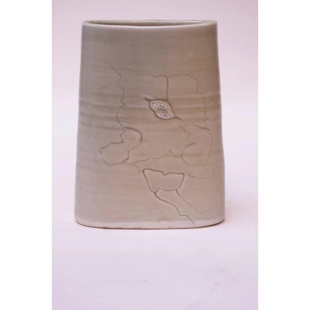 1970s Studio Stoneware Pale Green Floral Vase Signed Pollack, 1976 For Sale - Image 5 of 13