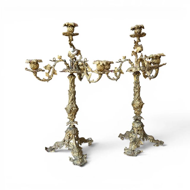Rustic European Early 20th Century Bronze Pair of Candelabras For Sale - Image 3 of 4
