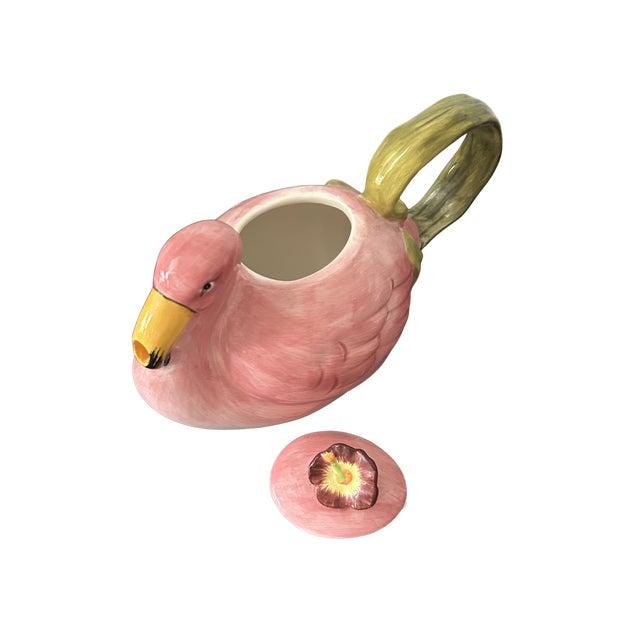 Bordallo Pinheiro Vintage 1980s Flamingo Teapot – Trompe L’Oeil Majolica-Style Hand-Painted Ceramic Pink Flamingo Tea Pot For Sale - Image 4 of 6