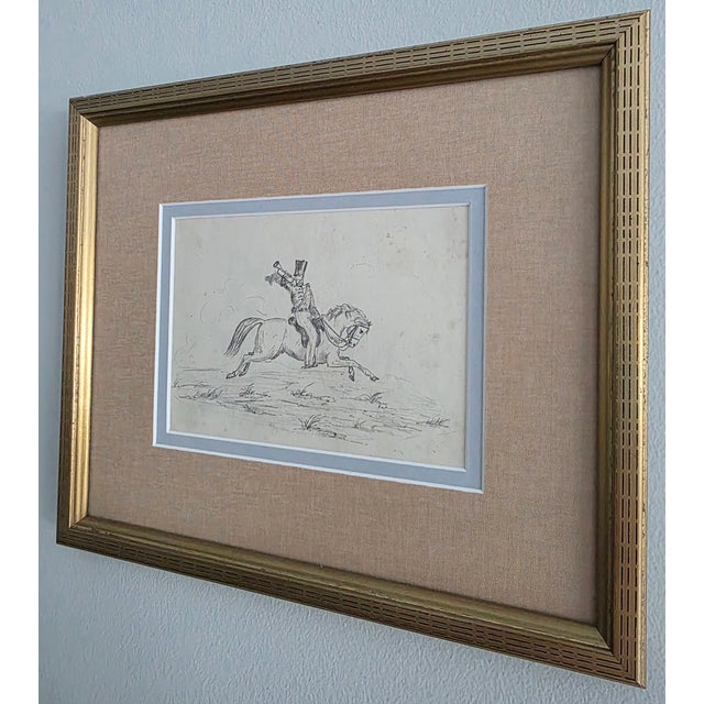 Early 19th c framed illustration of a French Cuirassier trumpeter on horseback attributed to Carle Vernet Lithograph in...