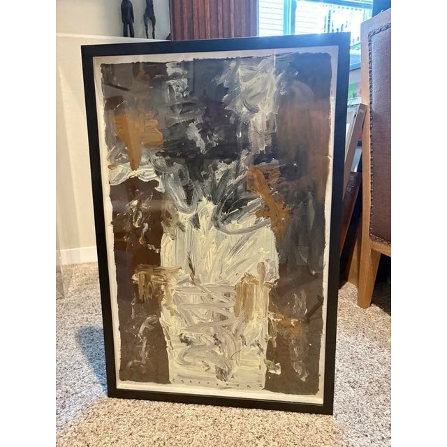 1970s Mid-Century Abstract Painting in Brown, Black and White, Framed, 31.25” X 20.75” For Sale - Image 5 of 6