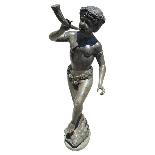 Italian Artist, Large Patinated Sculpture of a Boy Blowing a Horn, Early 20th Century, Bronze For Sale - Image 9 of 9