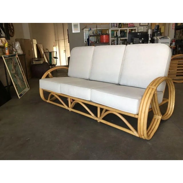 Wood Restored Three-Strand 3/4 Pretzel Arm Rattan 3-Seater Sofa For Sale - Image 7 of 10