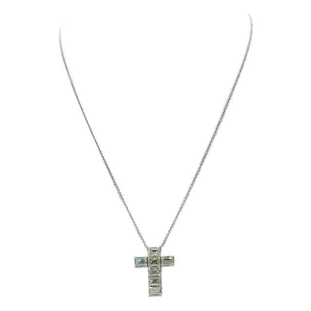 Gia Emerald Cut Diamond Cross Pendant Necklace in 18k White Gold For Sale
