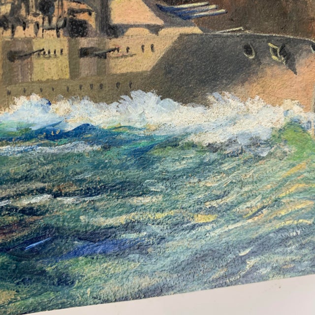 Vintage Oil Painting Naval Battle Ships Seascape Maritime Nautical Art on Board For Sale - Image 4 of 9