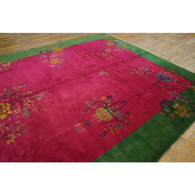 1920s Pink Cerise Floral Vase Antique Chinese Art Deco Carpet 9' X 11' 6'' Knotted Wool Rug For Sale - Image 11 of 12