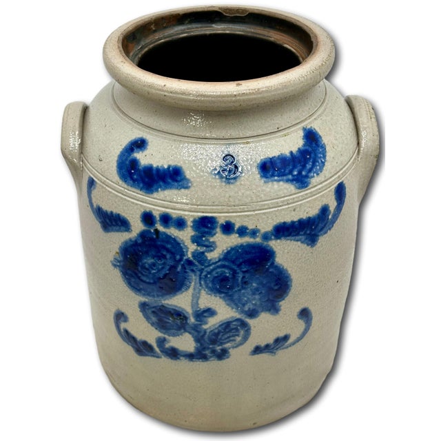 American Ourtstanding Antique Large 3 Gallon Size American Blue Hand Decorated Stoneware Butter Churn - Circa 1870s For Sale - Image 3 of 18