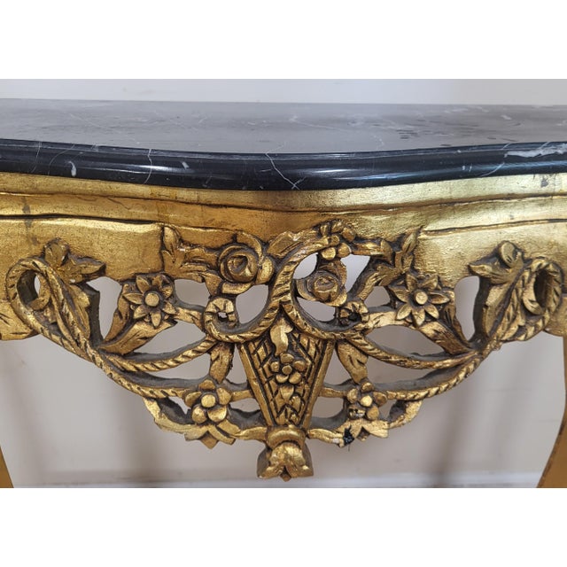 Vintage Rococo French Style 20th C Gilt Carved Wood Marble Console Table & Mirror For Sale - Image 9 of 15