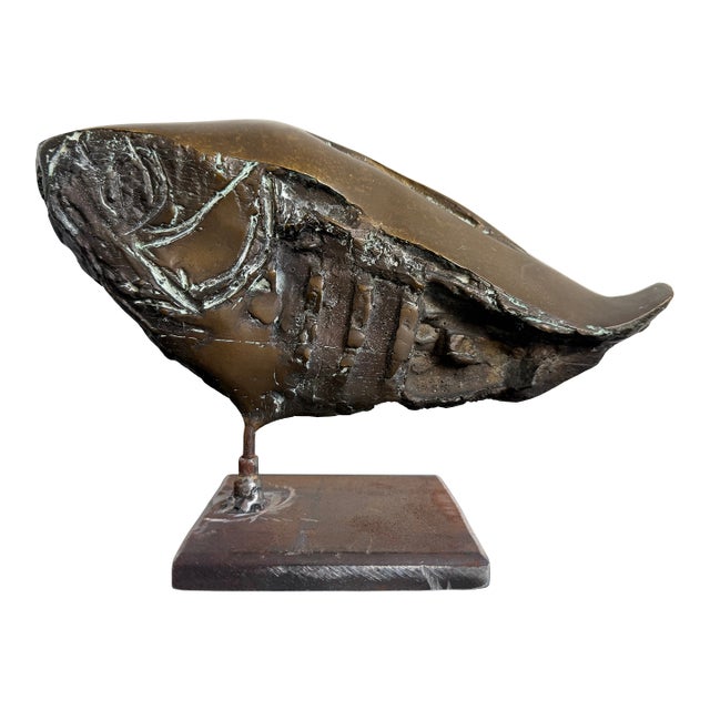 Brazilian Modernist Fossilized Bronze Fish Sculpture on Steel Base by Mário Agostinelli, 1980s For Sale