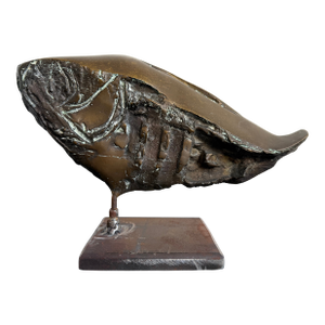 Brazilian Modernist Fossilized Bronze Fish Sculpture on Steel Base by Mário Agostinelli, 1980s