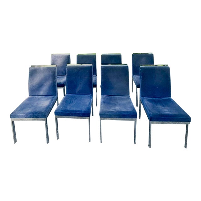 Set of Eight Vintage 1970's MCM Chrome Blue Velvet Dia Dining Chairs by Milo Baughman For Sale
