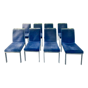 Set of Eight Vintage 1970's MCM Chrome Blue Velvet Dia Dining Chairs by Milo Baughman