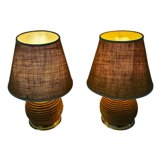 Vintage Rattan and Brass Table Lamp from Vivai Del Sud, 1970s For Sale