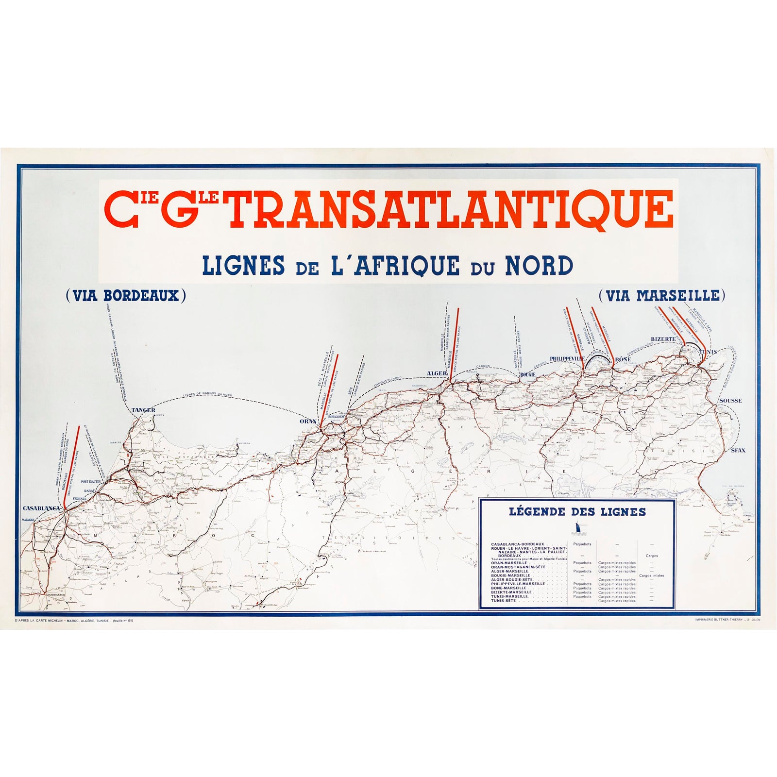 Carte/Affiche Cie Générale Transatlantique - Afrique Du Nord, 1951, Vintage