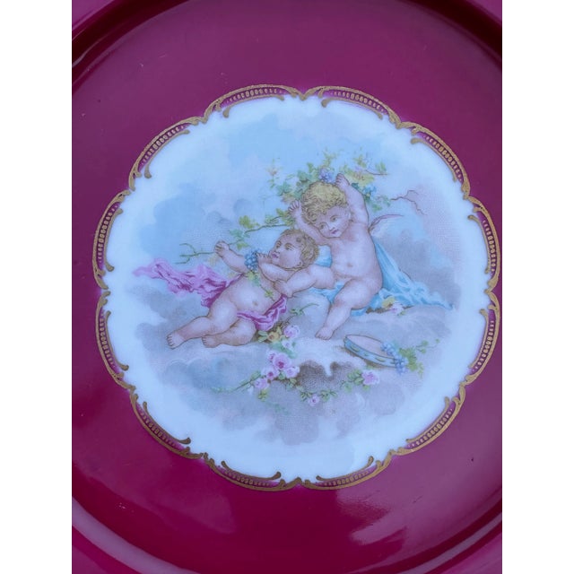 Vintage set of 12 French Hand Painted Cherubs Gold Gilt Red Porcelain Dinner Plates. Rare find, Vintage Couleuvre Ligne...